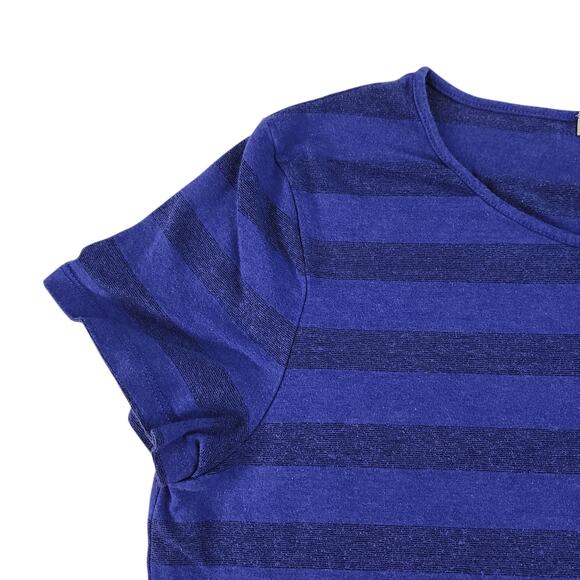 Blue Striped Shirt Womens PM Medium Petite Horizontal Sparkly Shimmer Cap Sleeve - Picture 4 of 12